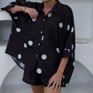 Oversized Polka Dot Button-Down Black/White short set